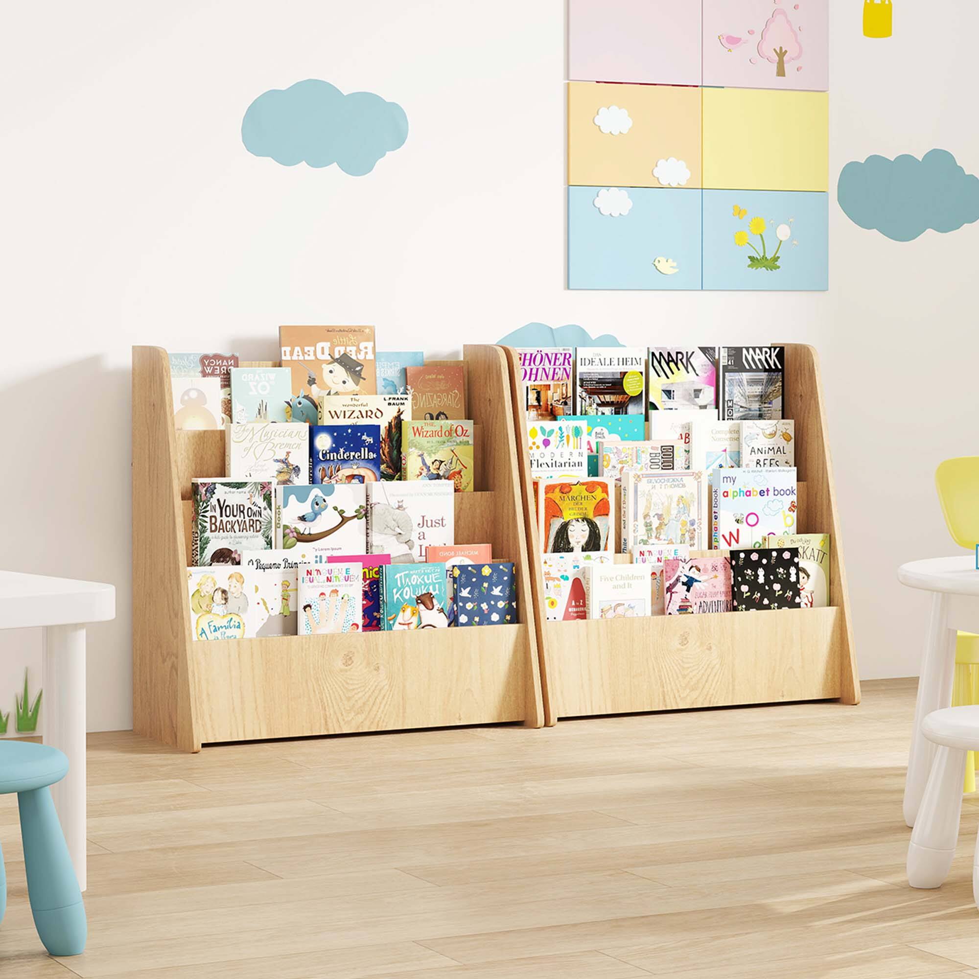 The image features a bookshelf filled with various books, including children's books. The bookshelf is located in a room with a wooden floor and a table nearby. The books are arranged in a neat and organized manner, making it easy for children to access and enjoy their favorite stories. The room also has a chair, providing a comfortable seating area for reading or other activities. The presence of a potted plant adds a touch of greenery to the space, creating a cozy and inviting atmosphere for children to engage with their books.