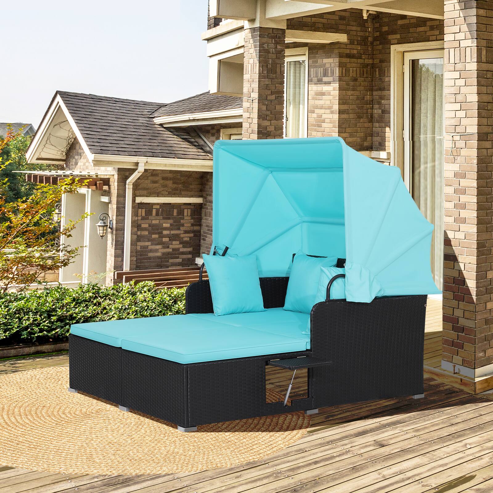 Alt View 1. SlickBlue - Patio Rattan Daybed with Retractable Canopy and Side Tables for Outdoor Lounge - Turquoise.