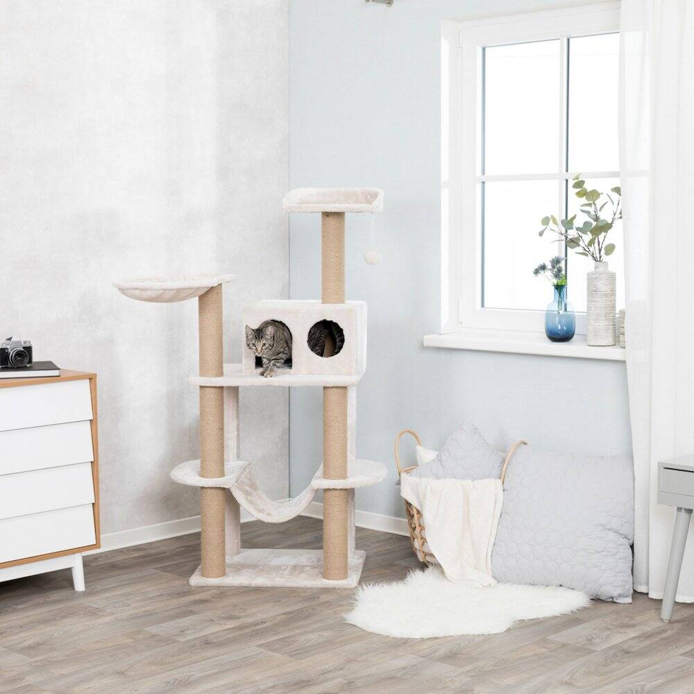 Left. TRIXIE - Federico Plush & Sisal 4-Level 56" Cat Tree Scratching Posts Condo Hammock - Light Gray-Greige.