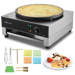 VEVOR - Electric Crepe Maker, 16-Inch Commercial Crepe Machine, 1700W Flat Plate Crepe Griddle, Nonstick Stainless Steel Pancake - Silver;Black