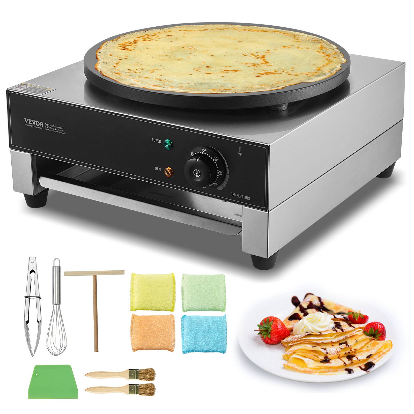 VEVOR - Electric Crepe Maker, 16-Inch Commercial Crepe Machine, 1700W Flat Plate Crepe Griddle, Nonstick Stainless Steel Pancake - Silver;Black