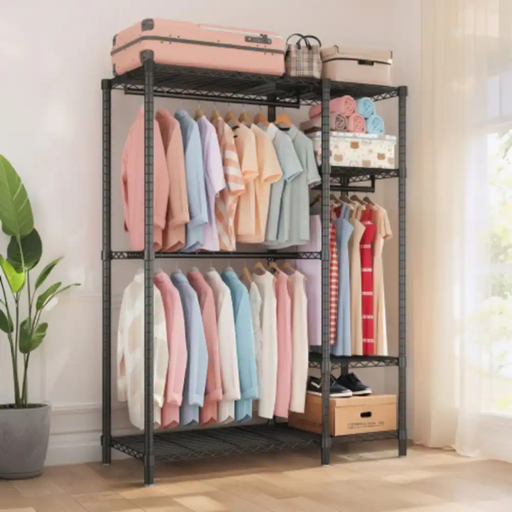 Alt View 3. LUCKY ONE - Heavy Duty Clothes Rack w/ 6 Shelves & 3 Rails Freestanding Adjustable - Black.