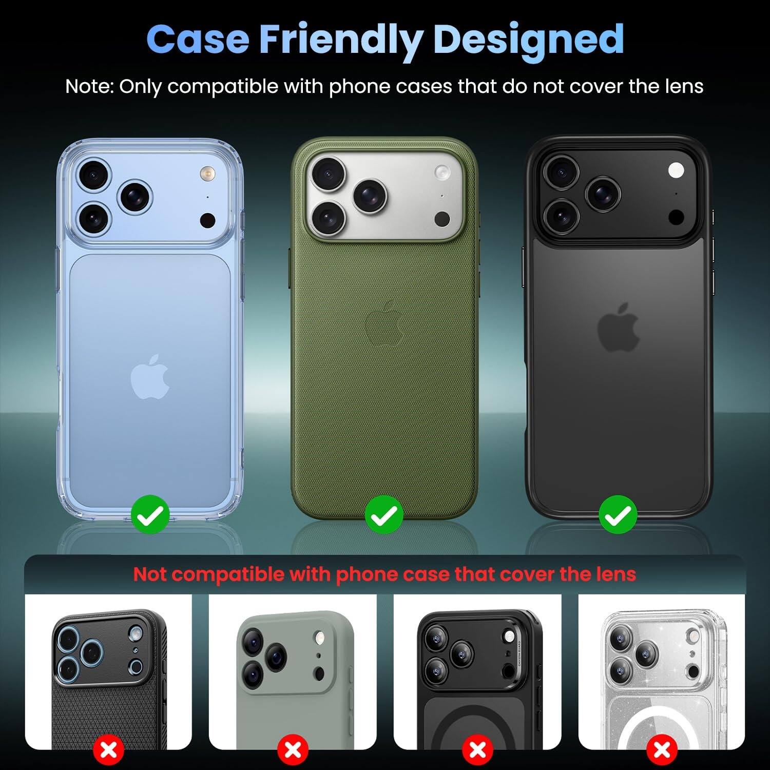 Case Friendly Designed  
Note: Only compatible with phone cases that do not cover the lens  

Not compatible with phone case that cover the lens