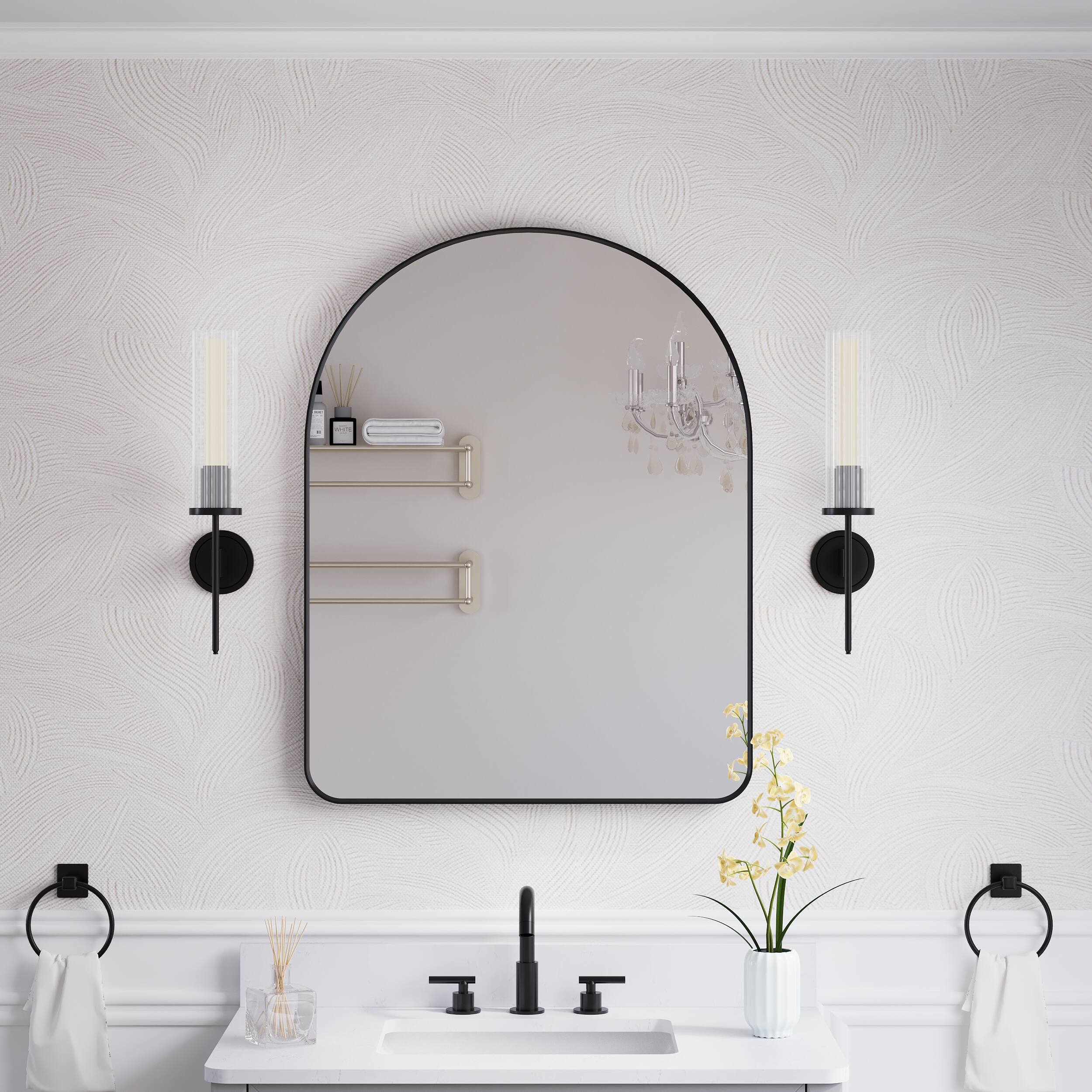 Angle. WELLFOR - 28 in. W x 36 in. H Arch Anodized Aluminum Framed Bathroom Vanity Mirror - Matte Black.