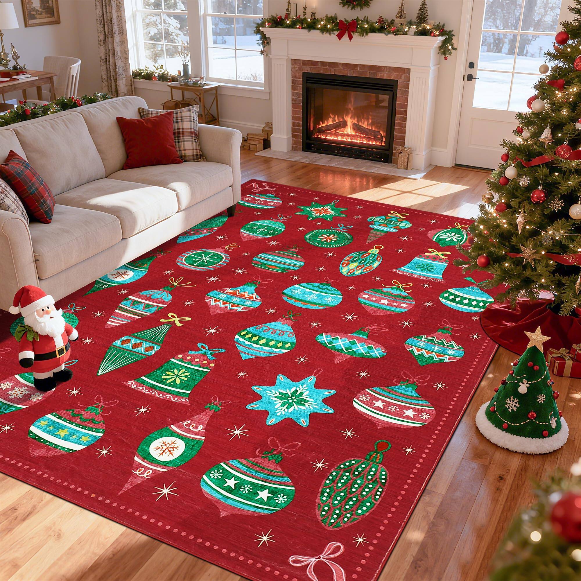 Front. Jojoka - 9x12ft Washable Christmas Ball Print Accent Rug w/ Non-Slip Backing,Stain-Resistant Low Pile Xmas Holiday Carpet - Red.