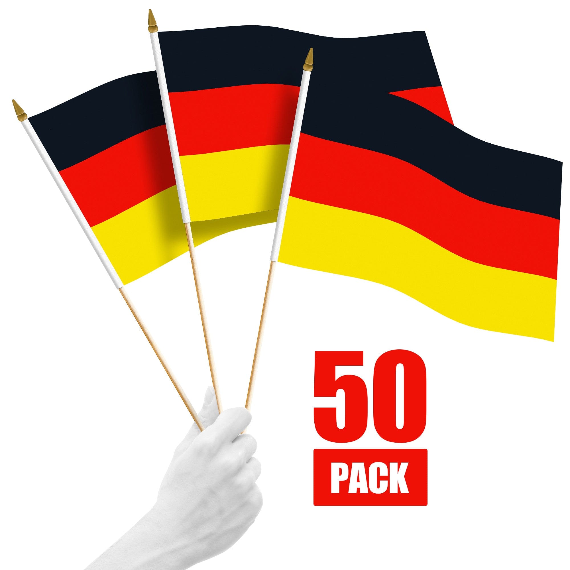 G128 - 50-Pack Handheld Germany Stick Flags, 12 x 18 in, 150D Polyester with Wooden Pole and Gold Spear Tip - Assorted Colors