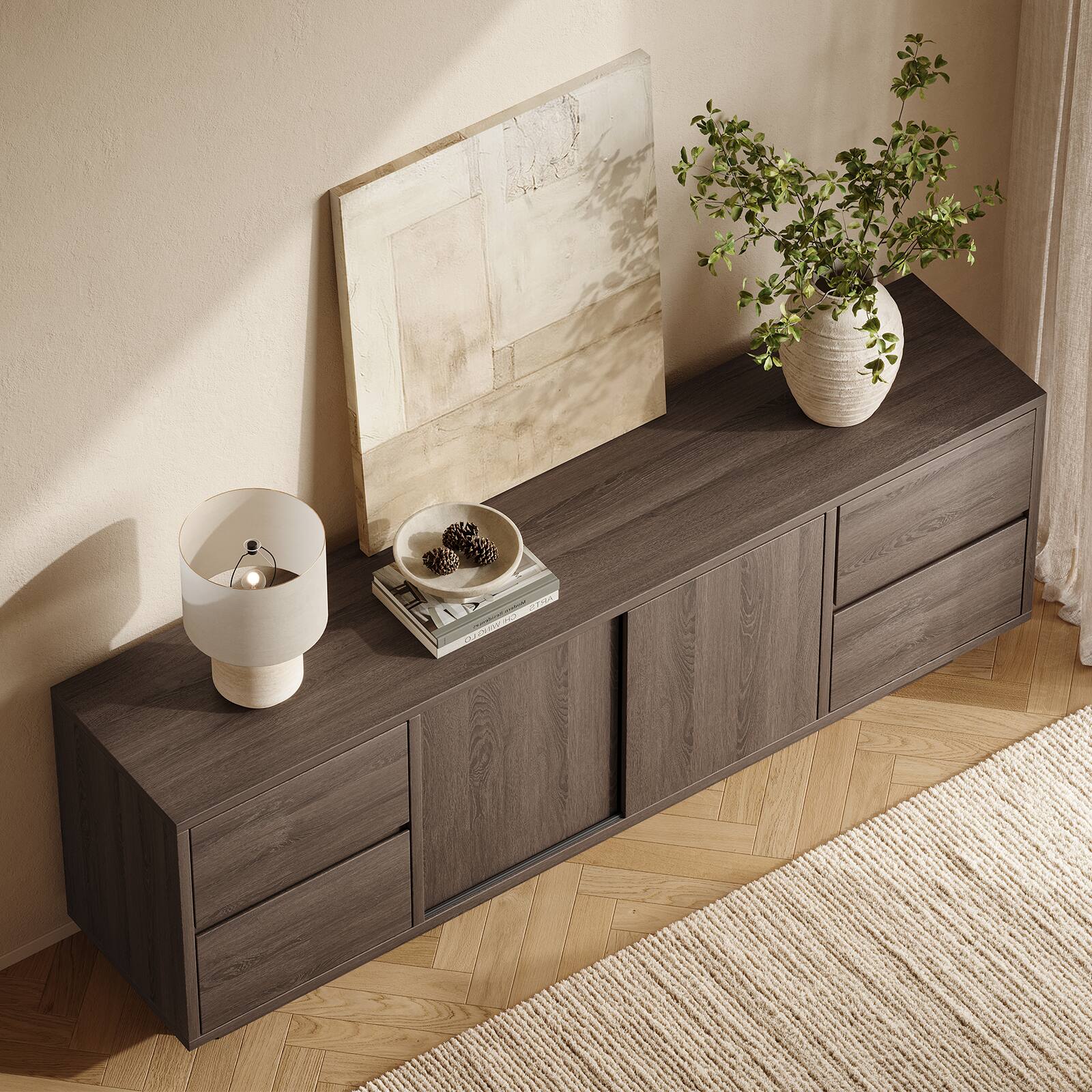 Alt View 4. ModernMate - 71" Media TV Stand for TVs Up to 80", Barn Door TV Stand with Drawers & Adjustable Shelves - Walnut.