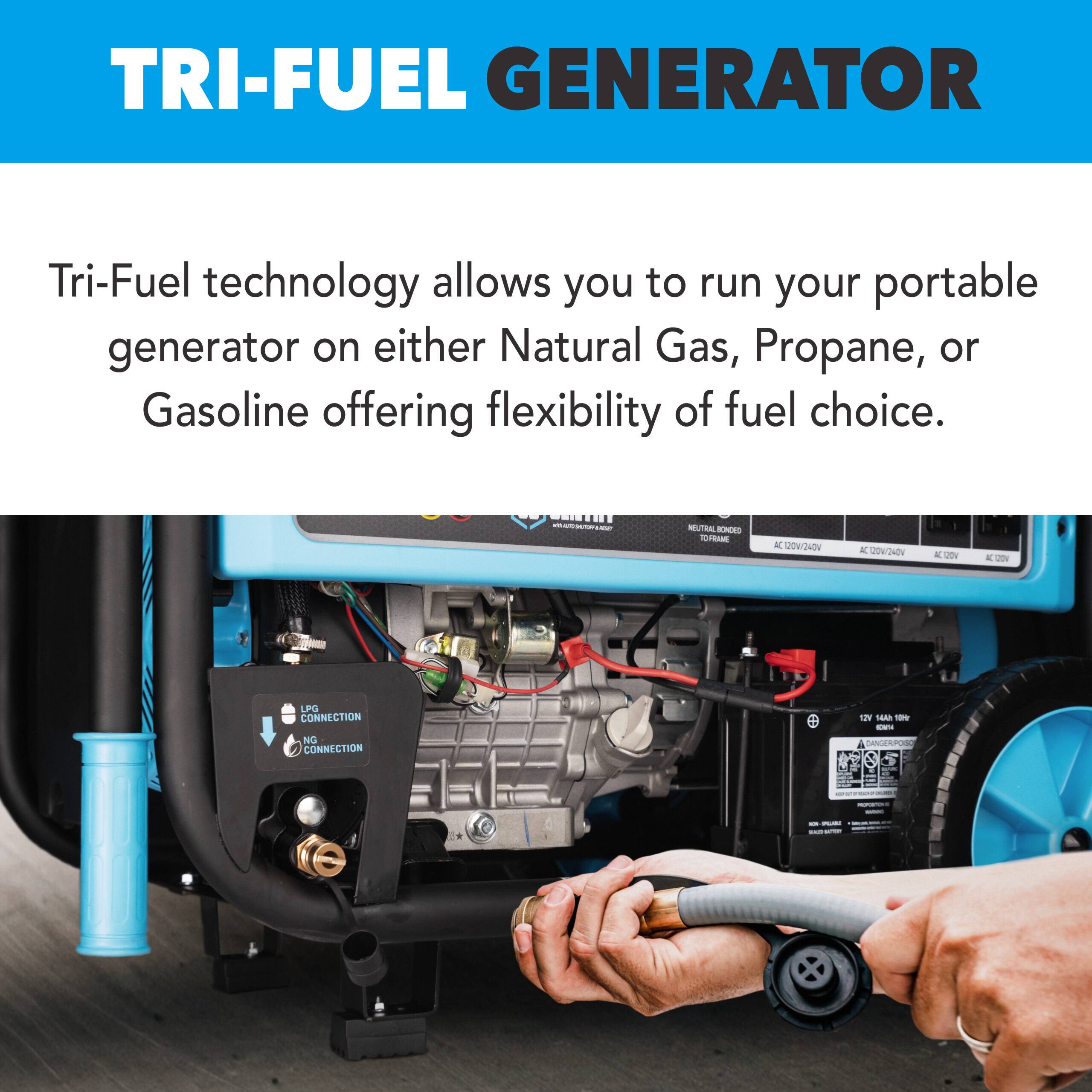 TRI-FUEL GENERATOR

Tri-Fuel technology allows you to run your portable generator on either Natural Gas, Propane, or Gasoline offering flexibility of fuel choice.

LPG CONNECTION
NG CONNECTION