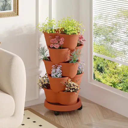Front. Vecelo - 5-Tier Stackable Vertical Garden Planter with Drainage and Wheels for Indoor Outdoor Strawberry & Herb Growing.