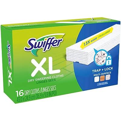 Swiffer XL  
1X CLOTHS DRY SWEEPING SECS LINGES / LINGES SECS  
16 DRY CLOTHS / 16 LINGES  
43.0 X 24.9 cm (16.9 X 9.8 in)  
PLUS WIDER 1.5X  
TRAP + LOCK MULTI-SURFACE