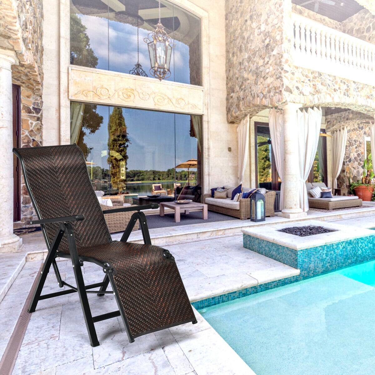 Alt View 4. Gymax - Gymax Patio Rattan Folding Lounge Chair Recliner Back Adjustable Beach Yard Pool - Brown.