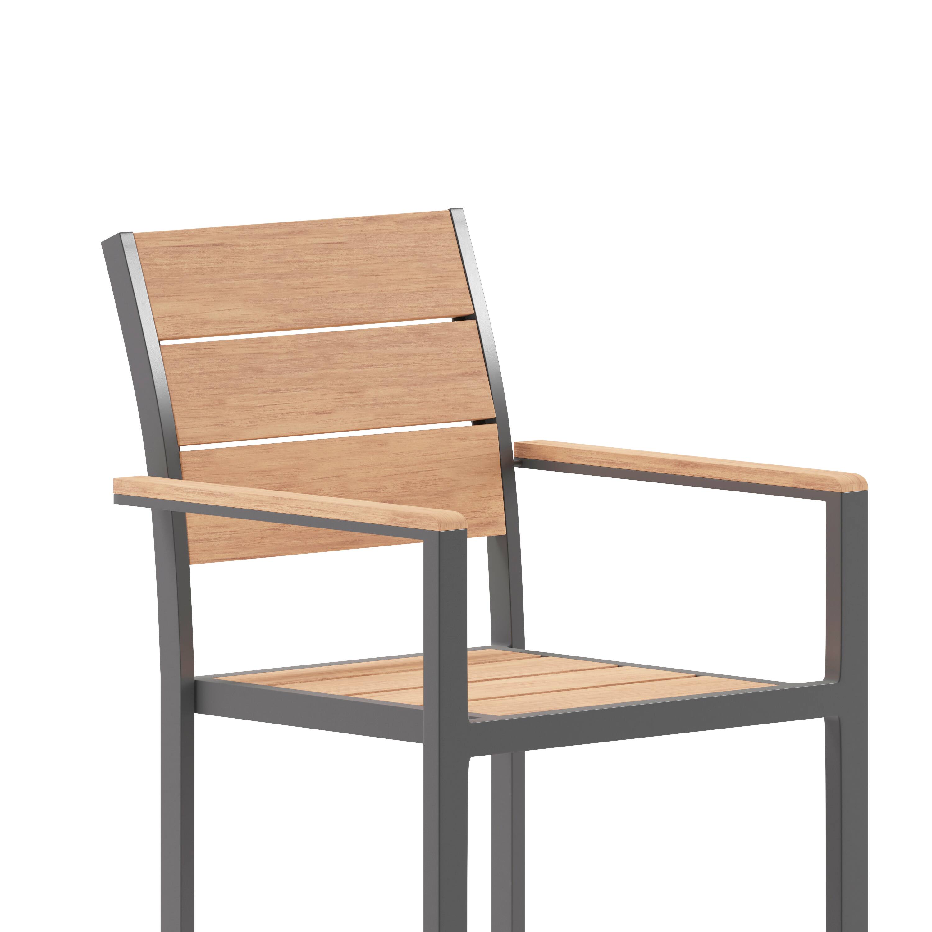 Alt View 10. Emma + Oliver - Fena Outdoor Stacking Side Chair with Faux Teak Poly Slat Seat, Back and Arms and Metal Frame - Natural.