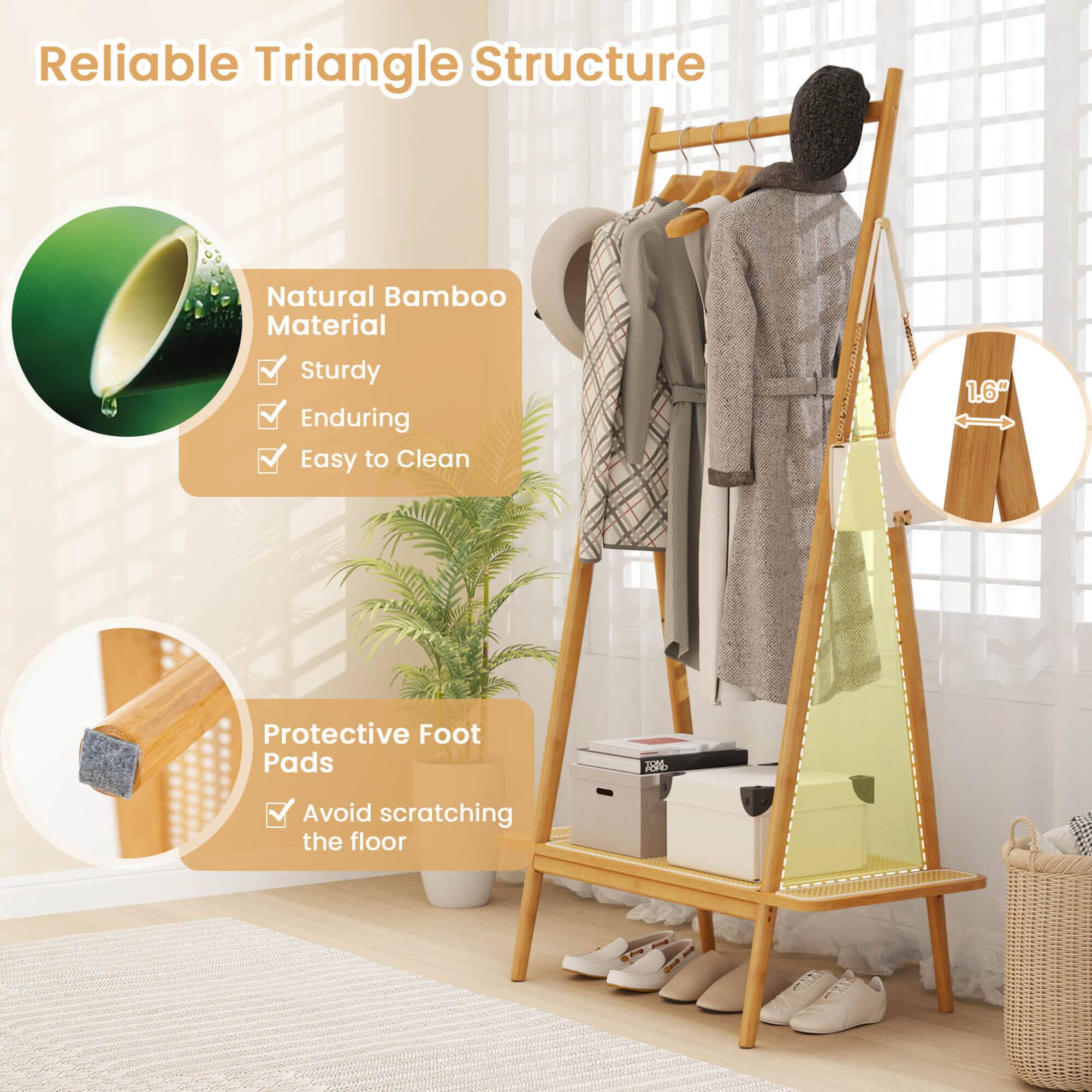 Reliable Triangle Structure, Natural Bamboo Material, Sturdy, Enduring, Easy to Clean, Protective Foot Pads, Avoid scratching the floor
