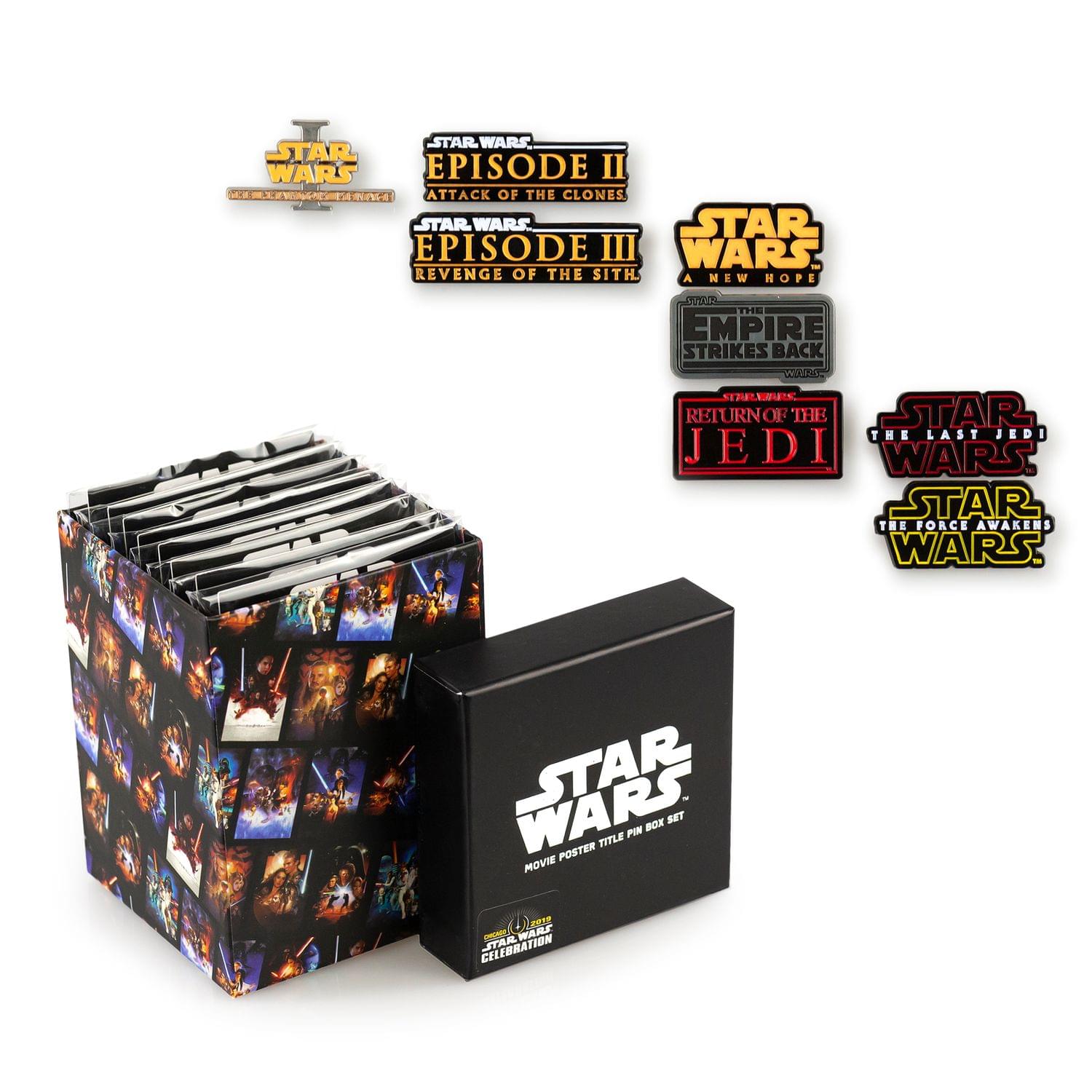STAR WARS EPISODE II ATTACK OF THE CLONES  
STAR WARS EPISODE III REVENGE OF THE SITH  
A NEW HOPE  
EMPIRE STRIKES BACK  
RETURN OF THE JEDI  
THE LAST JEDI  
THE FORCE AWAKENS  
STAR WARS MOVIE TITLE POSTER PIN BOX SET