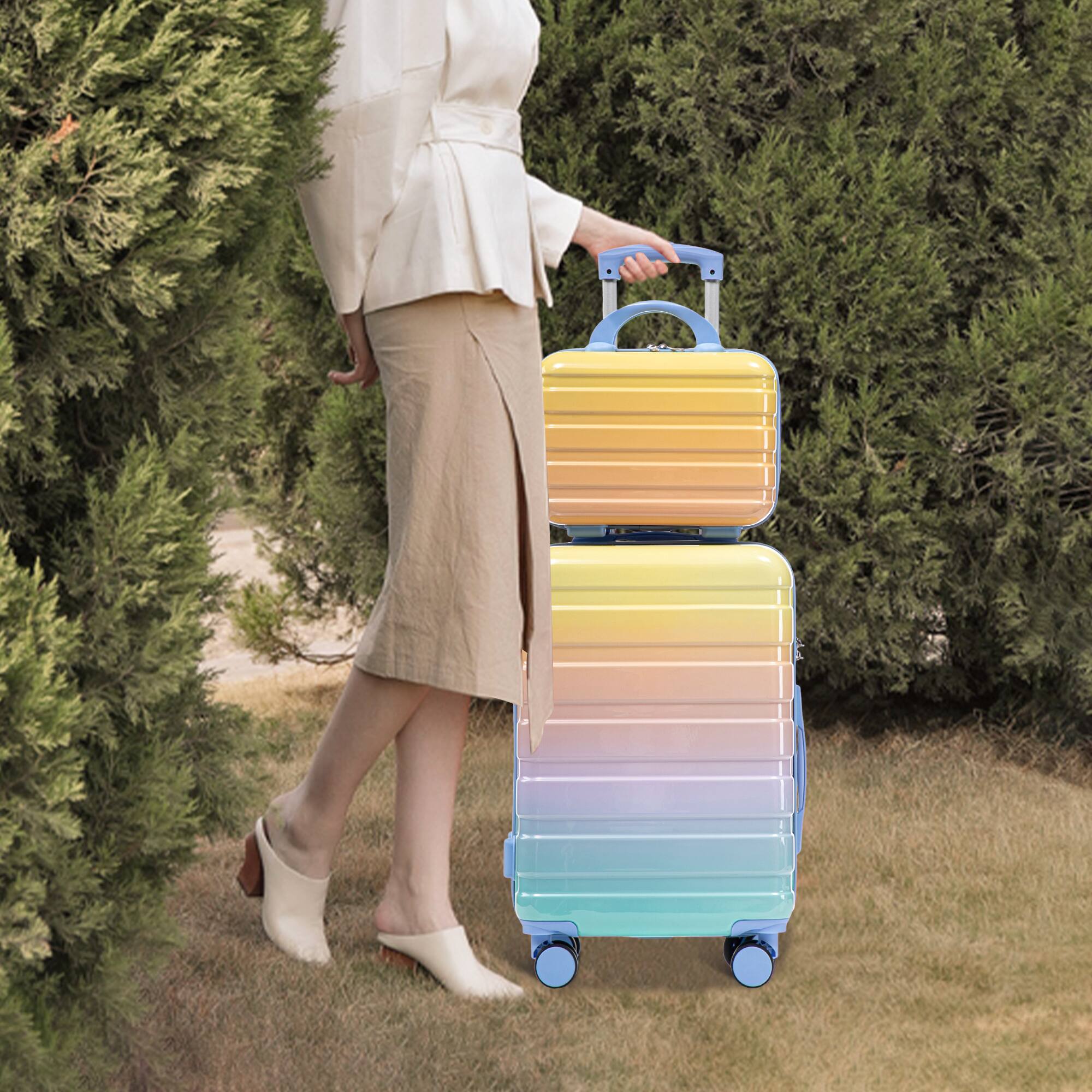 Alt View 9. YONWAY - 20" Hardshell Luggage, Gradient Color Carry on Luggage with Spinner Wheels and 14" Cosmetic Case, PC Suitcase - Blue+Yellow.