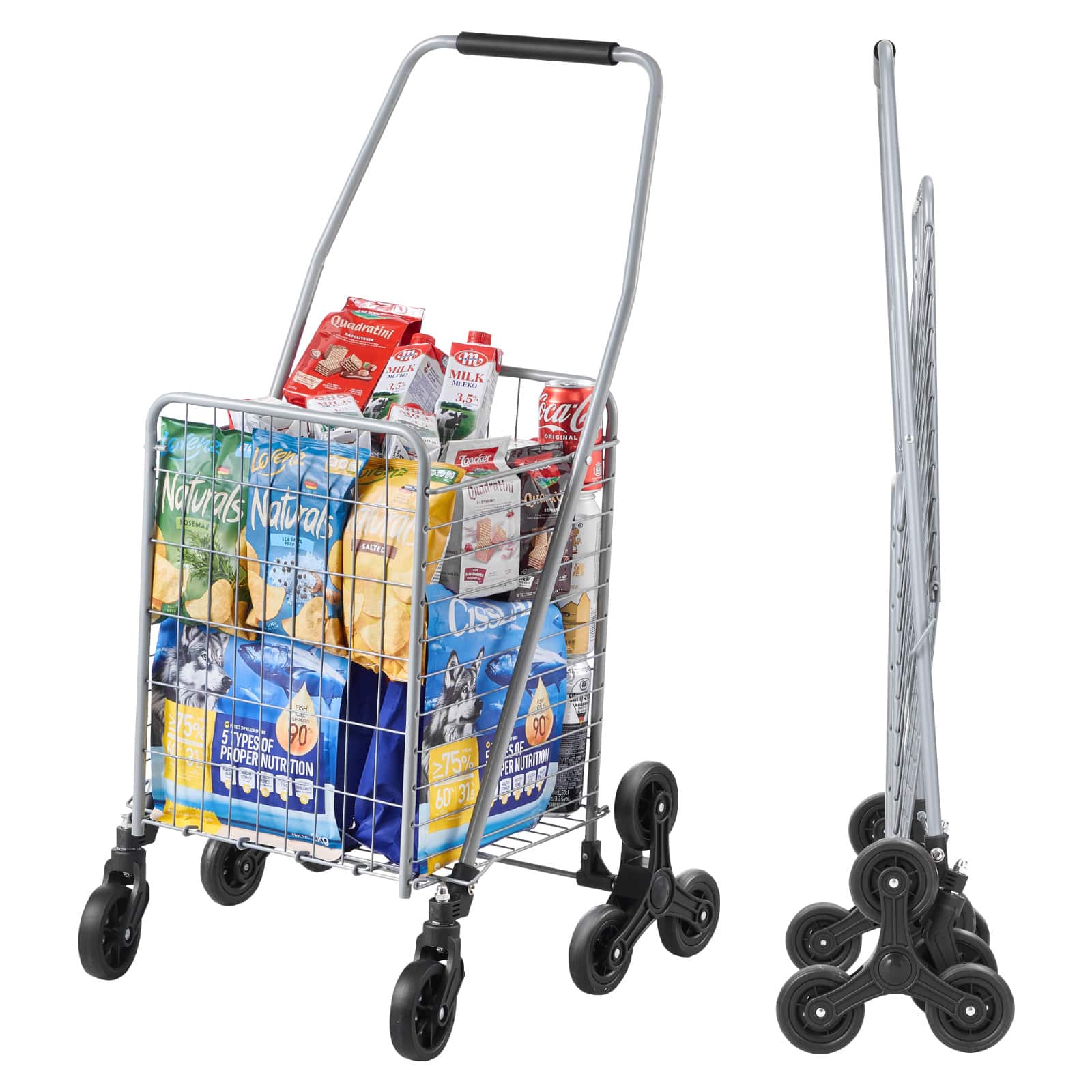 VEVOR - Grocery Shopping Cart, 45L Stair Climbing Shopping Cart with 360° Rolling Swivel Wheels, Stair Climber Utility Cart - Silver