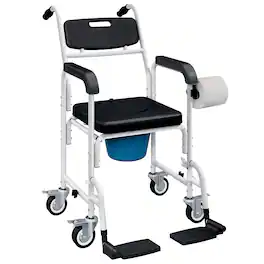 Homcom - Shower Wheelchair for Seniors, Bedside Commode Chair with Locking Wheels, Seat, Backrest - Black