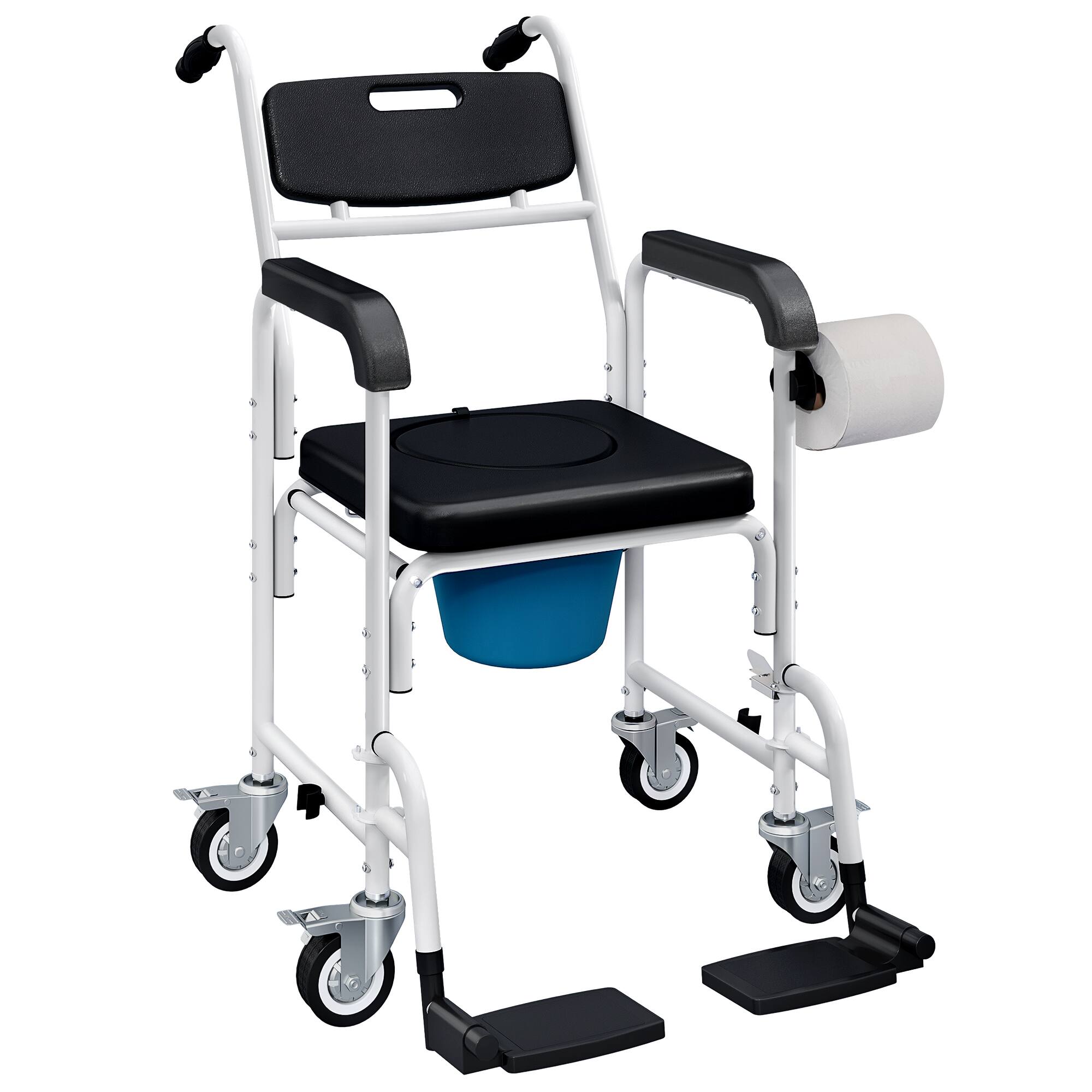 Front. Homcom - Shower Wheelchair for Seniors, Bedside Commode Chair with Locking Wheels, Seat, Backrest - Black.
