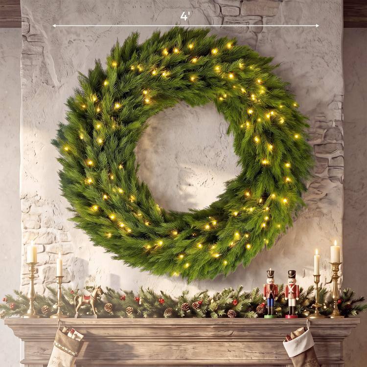 Alt View 3. PULUZ - Christmas Decoration, 48 in Pre-Lit Norwegian Spruce Artificial Christmas Wreath with 150 LED Lights - Green.
