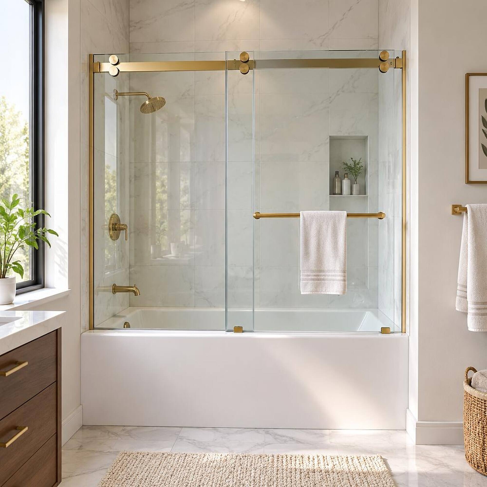 Angle. RYHNUYNE - 56-60" W X 60" H Frameless Sliding Tub Shower Door Enclosure With 5/16" Tempered Glass, Brushed Gold Hardware - Brushed Gold.