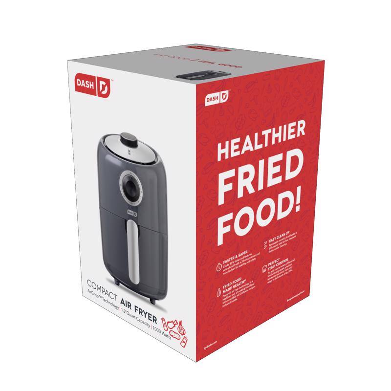 DASH DASH D HEALTHIER FRIED FOOD! EASY CLEAN UP A SAFER FASTER PERFECT MEAL HEALTHIER FRIED FOOD! COMPACT AIR FRYER 12 Quart Capacity 1000 Watts