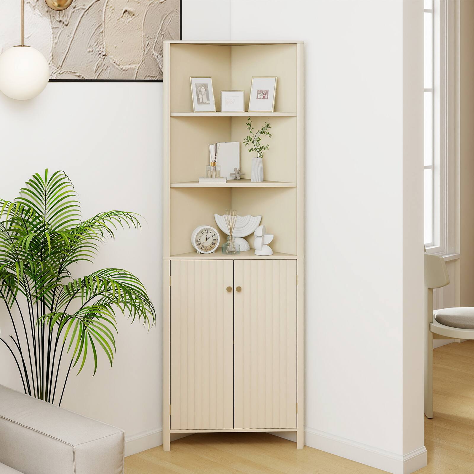 Alt View 1. Gymax - Gymax 68'' Tall Corner Cabinet w/ 5 Shelves & 2 Fluted Doors Adjustable Shelf - Beige.