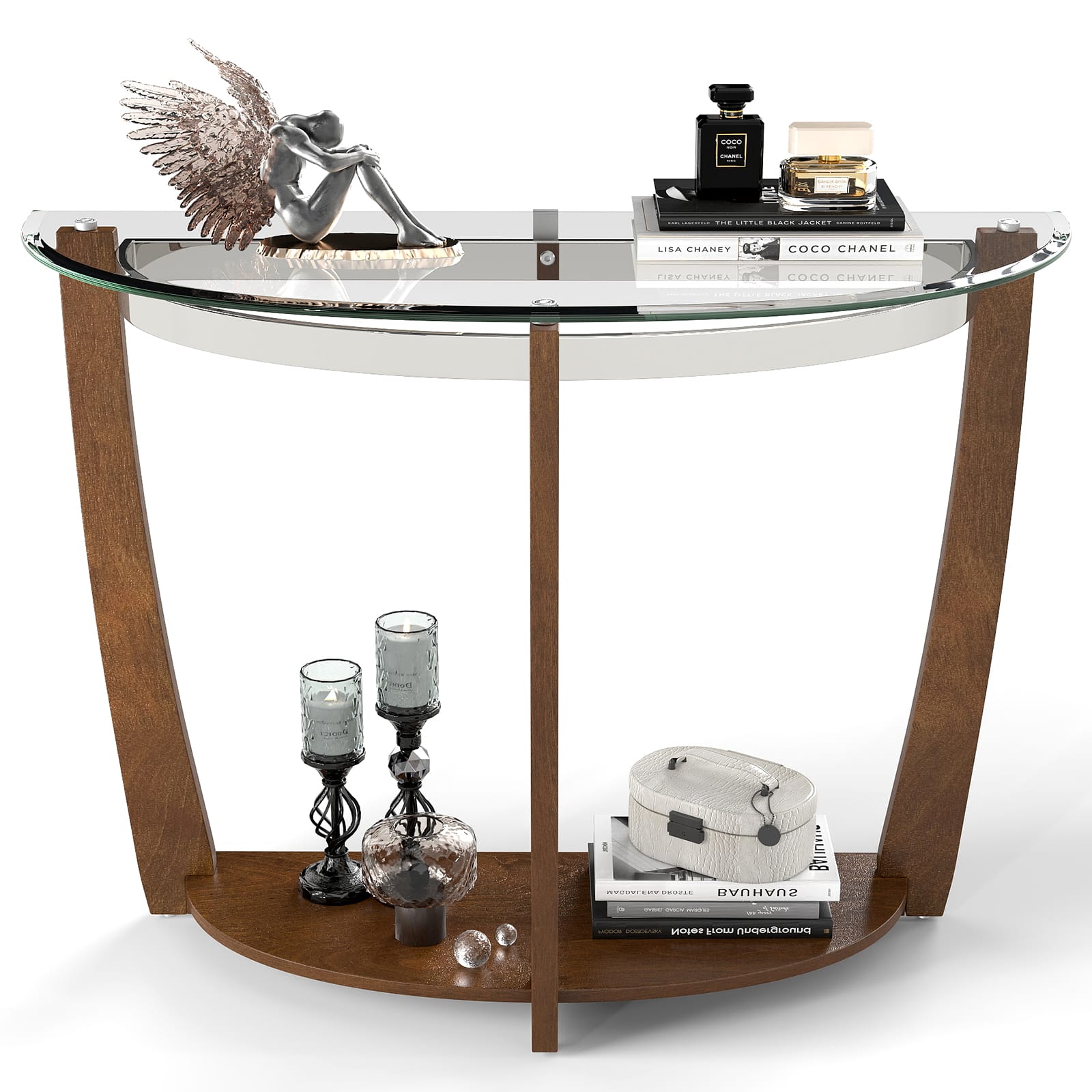 Gymax - 2-tier Modern Half Moon Sofa Table w/Clear Glass Top & Open Shelffor Living Room - Walnut