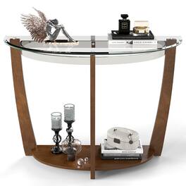 Gymax - 2-tier Modern Half Moon Sofa Table w/Clear Glass Top & Open Shelffor Living Room - Walnut