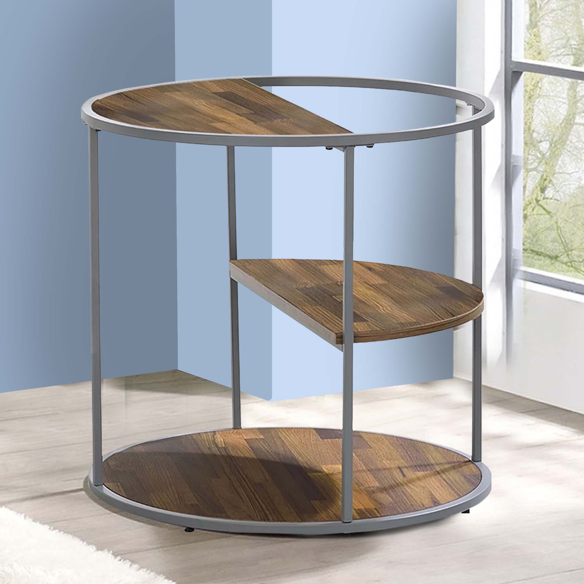 Alt View 5. Manhattan Lane - Lenn 24 Inch 3 Tier Round Brown Side End Table, Half Shelf, Gray Frame - Brown, Gray.