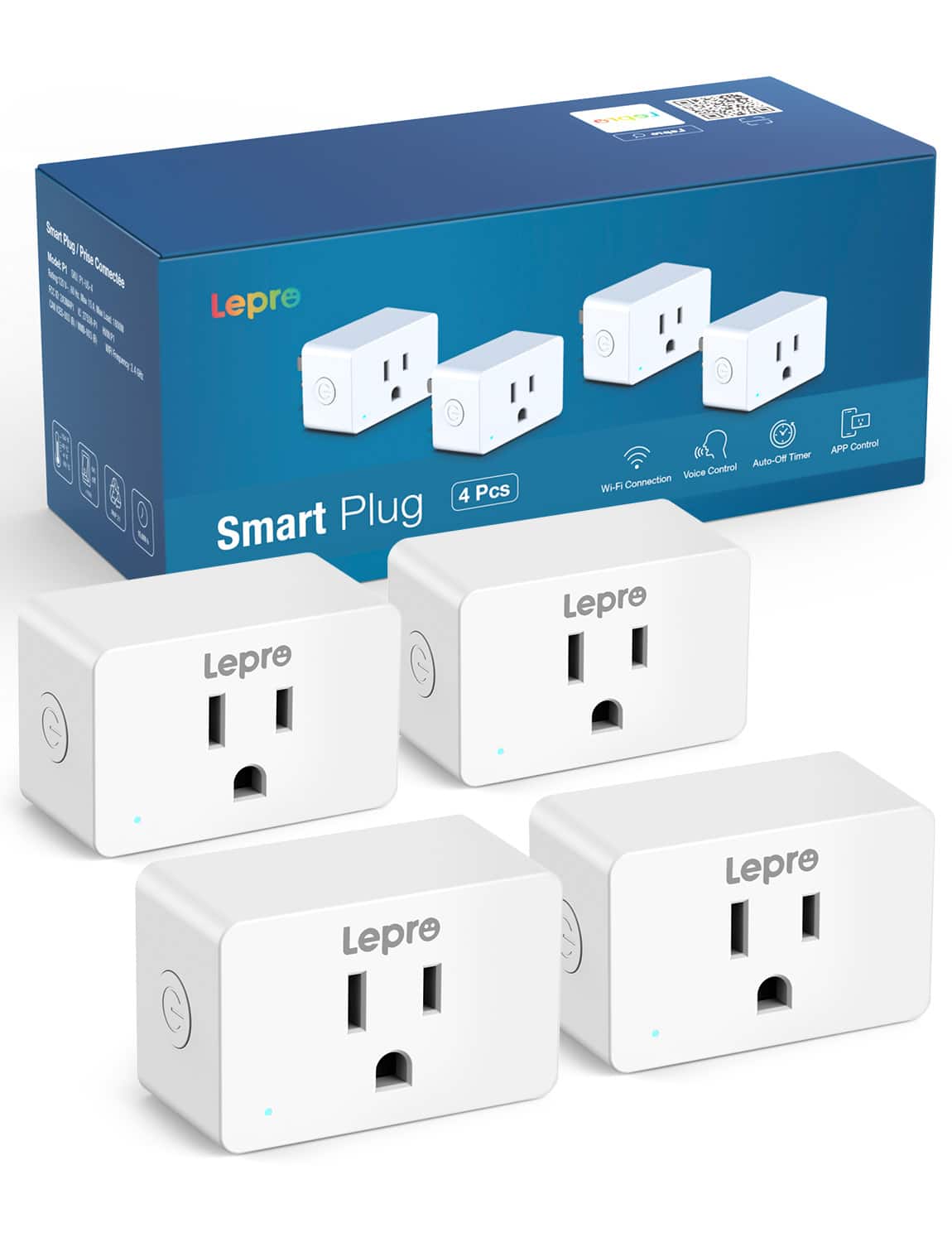 Sure, here is the corrected and grouped text:

---

**Smart Plug**  
4 Pcs  

- Wi-Fi Connection  
- Voice Control  
- Auto-Off Timer  
- APP Control  

**Lepre**  

---

This text is taken from the image of the product packaging and the smart plugs.