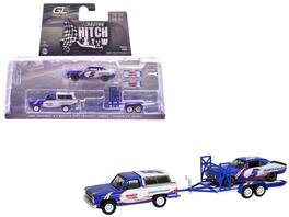 1986 Chevrolet K5 Blazer Blue and White and 1969 Camaro #5 Blue & White with Trailer 1/64 Model Cars by Greenlight