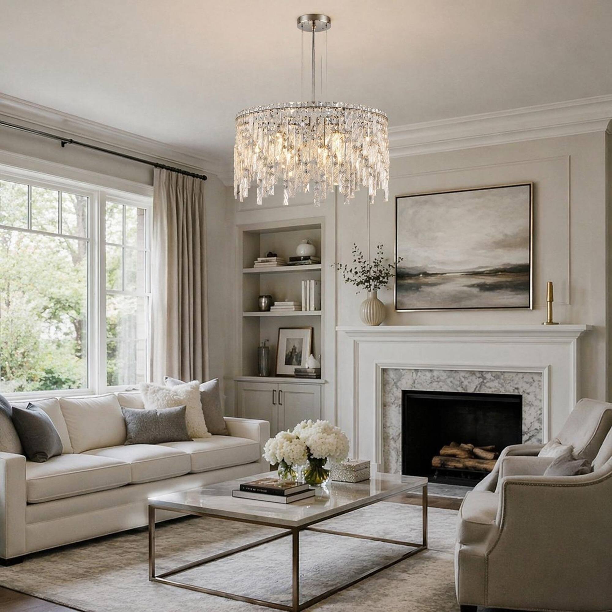 Angle. RYHNUYNE - 24 Inch Round Silver Crystal Chandelier with Cascading Teardrop Accents, Modern Rectangular Pendant Light.