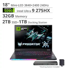 Acer - Predator Helios 18 AI- 18" 240Hz Gaming Laptop - 3840 x 2400- Intel Core Ultra 9 - NVIDIA GeForce RTX 5090 – 32GB – 2TB - Abyssal Black