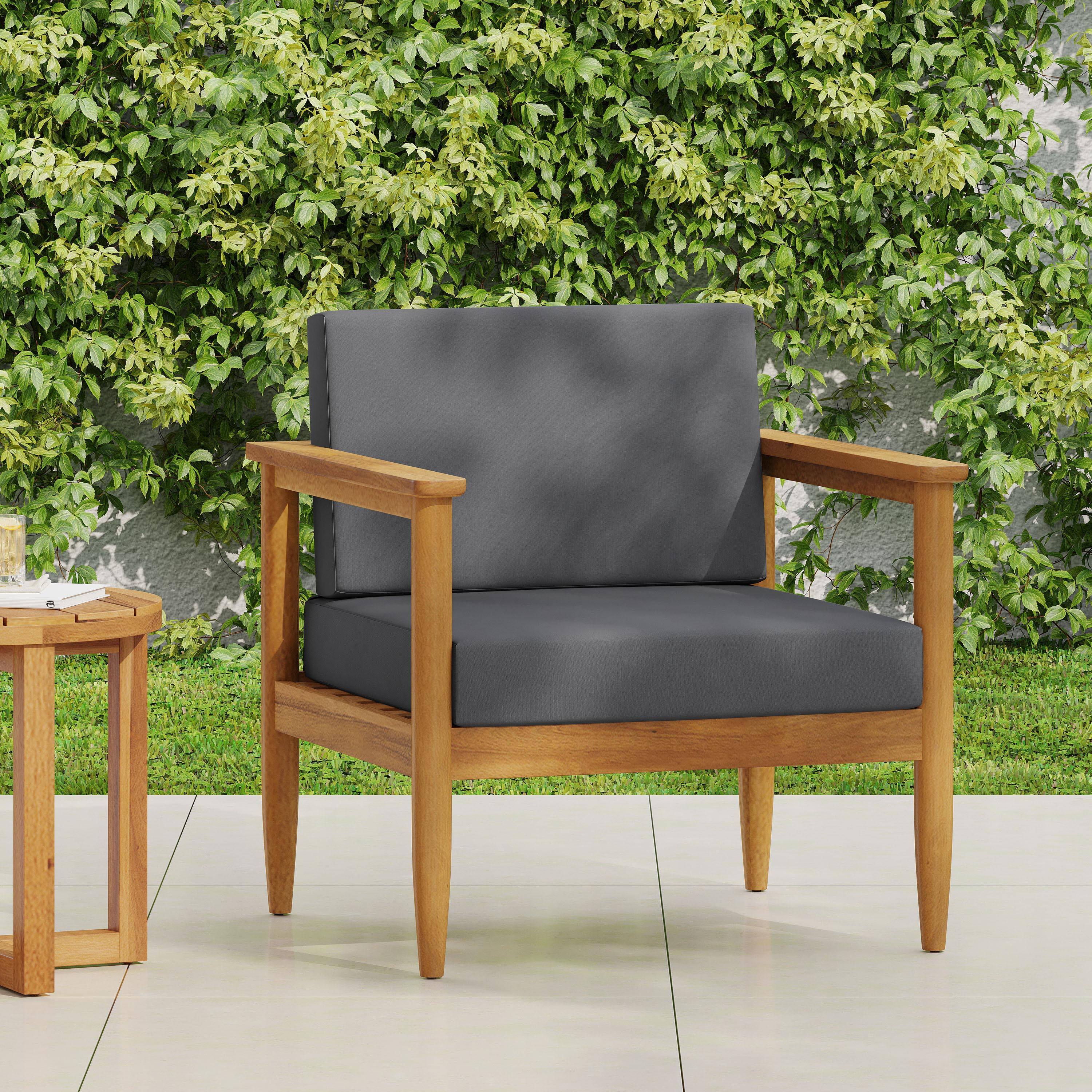 Alt View 2. Whisen - Outdoor Club Chair, Patio Chair with Teak Acacia Wood Frame and Water-Resistant Cushions - Dark Gray.