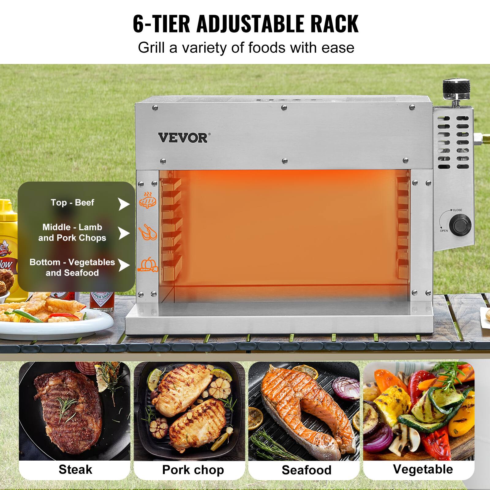 6-TIER ADJUSTABLE RACK  
Grill a variety of foods with ease  

Top - Beef  
Middle - Lamb and Pork Chops  
Bottom - Vegetables and Seafood  

Steak  
Pork chop  
Seafood  
Vegetable