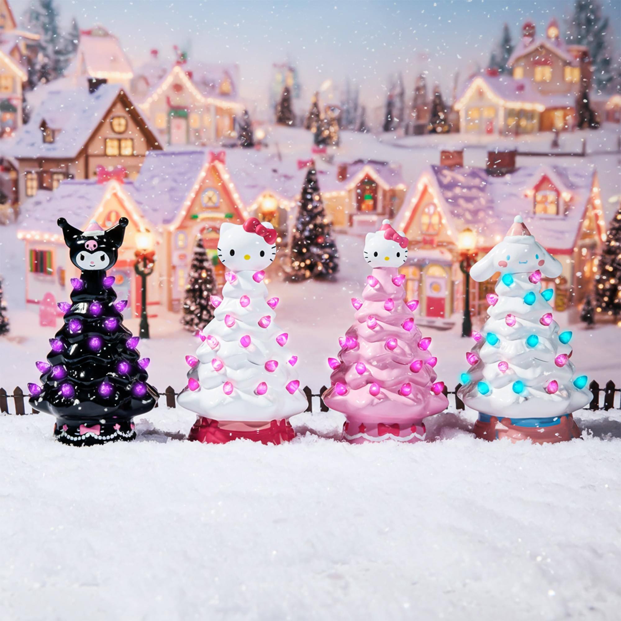 Alt View 3. Ukonic - Sanrio Characters Light-Up Ceramic Christmas Tree Set Of 4 - Black, Pink, White.