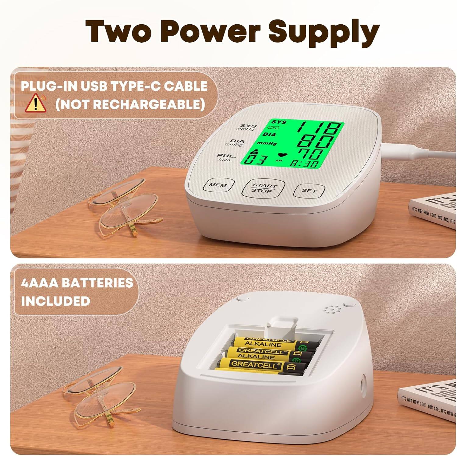 Two Power Supply

PLUG-IN USB TYPE-C CABLE (NOT RECHARGEABLE)

4AAA BATTERIES INCLUDED

GREATCELL ALKALINE