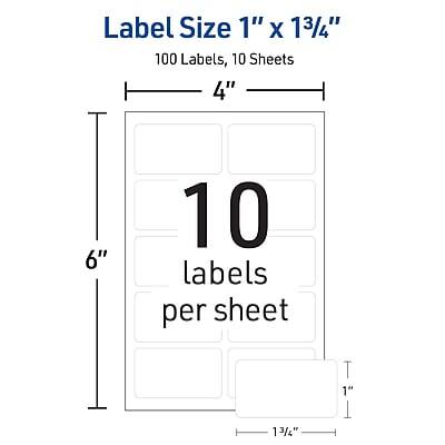 Label Size 1" x 1 3/4"

100 Labels, 10 Sheets

4" x 6"

10 labels per sheet

1" x 1 3/4"