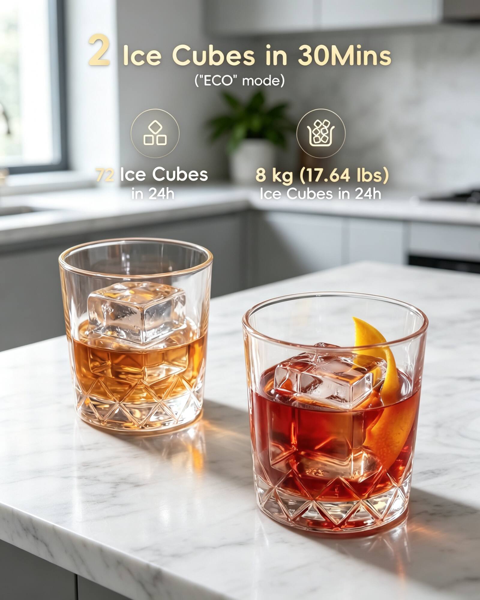 2 Ice Cubes in 30Mins ("ECO" mode)  
72 Ice Cubes in 24h  
8 kg (17.64 lbs) Ice Cubes in 24h