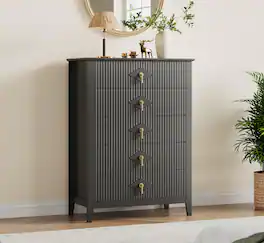 Babevy - Fluted 5-Drawer Dresser, 42.9" Tall Modern Wooden Chest with Gold Handles for Bedroom or Living Room - Black