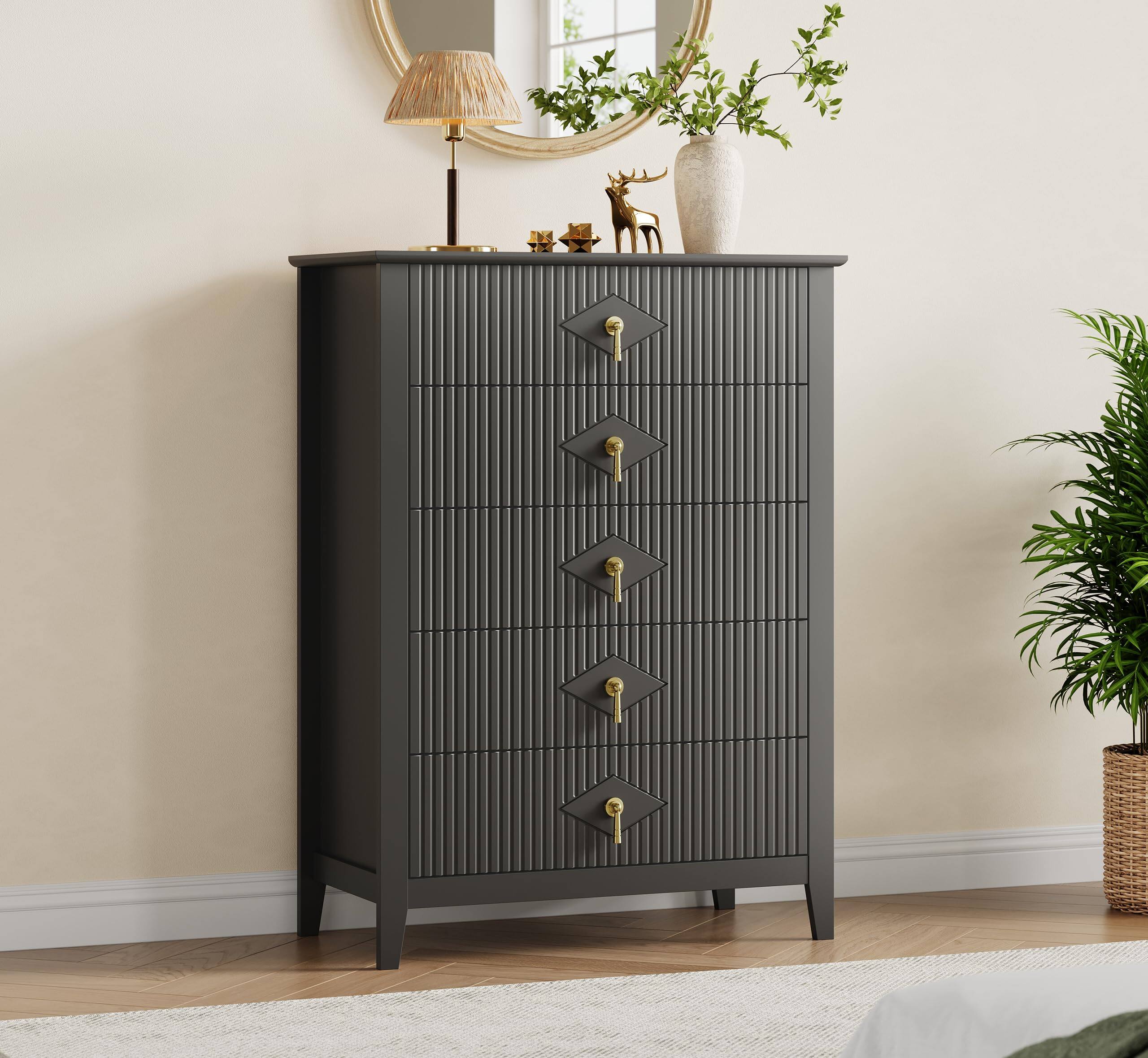 Babevy - Fluted 5-Drawer Dresser, 42.9" Tall Modern Wooden Chest with Gold Handles for Bedroom or Living Room - Black