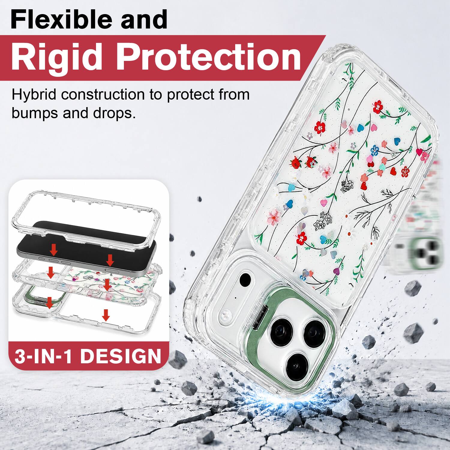 Flexible and Rigid Protection  
Hybrid construction to protect from bumps and drops.  

3-IN-1 DESIGN