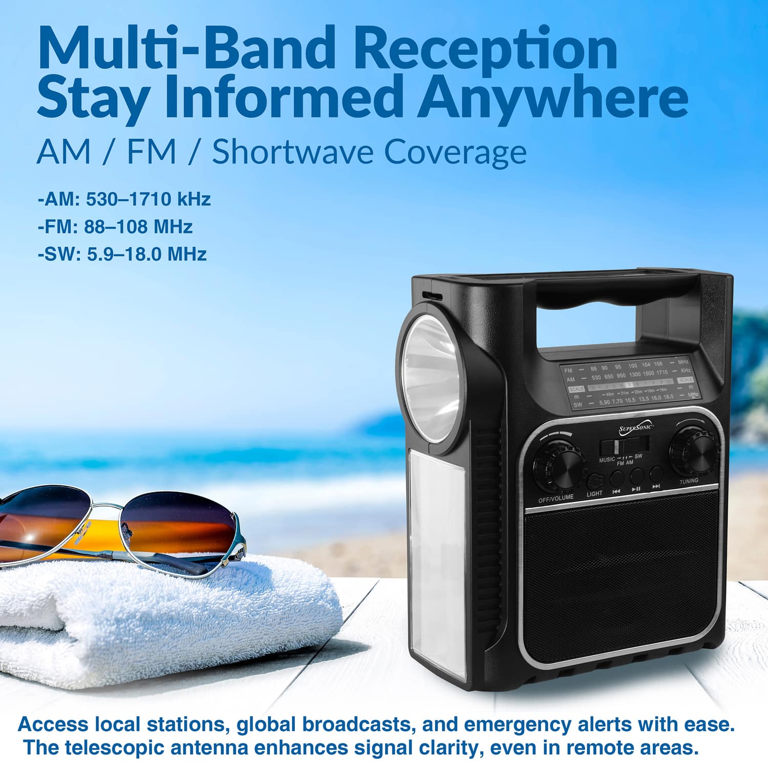Supersonic 7W Rechargeable Bluetooth Speaker, AM/FM/SW Radio
