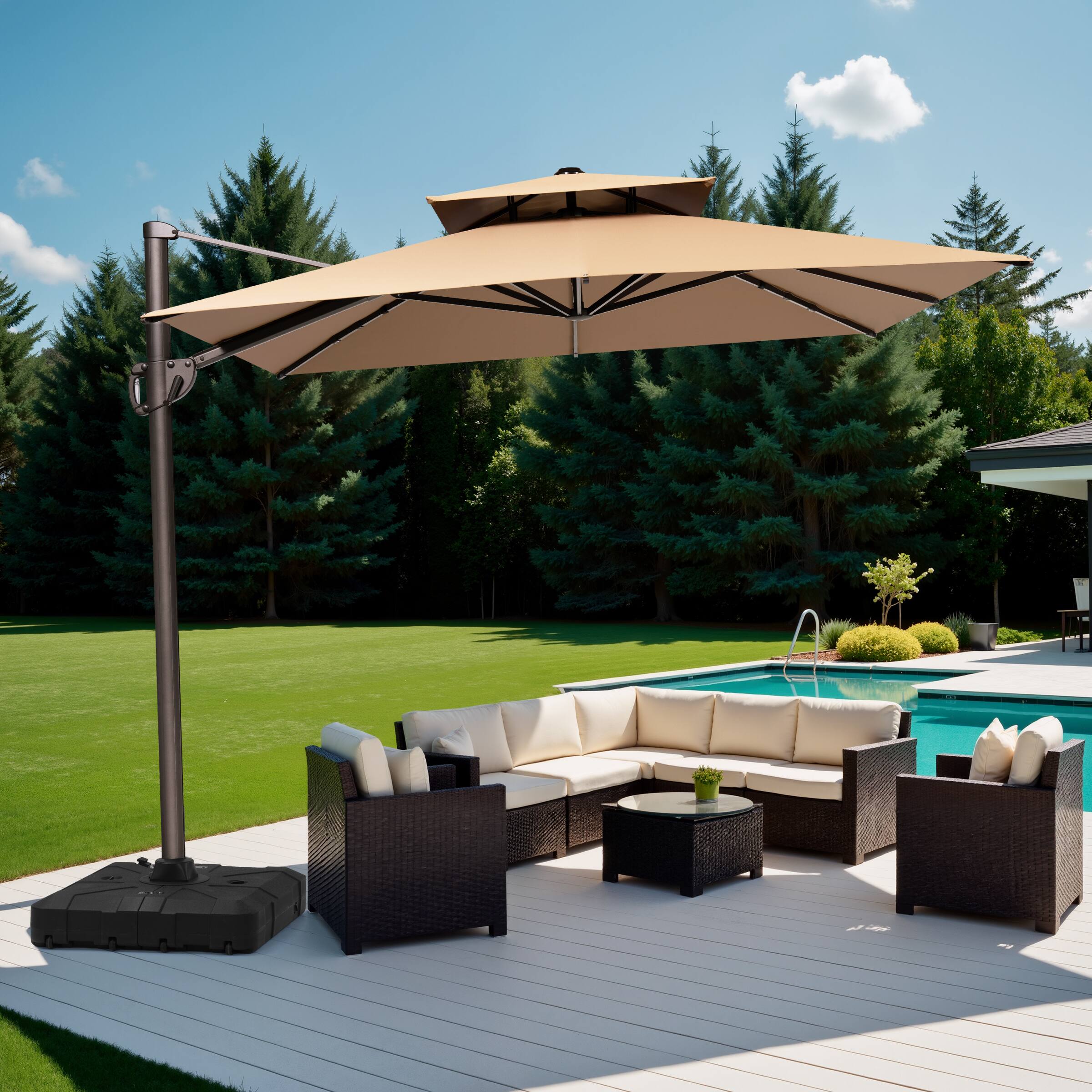 Back. Crestlive Products - Crestlive Products 9x11ft Aluminum Dual Top Crank Cantilever Patio Umbrella with Base - Brown.
