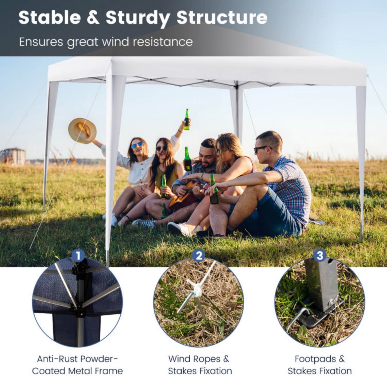 Stable & Sturdy Structure  
Ensures great wind resistance

1. Anti-Rust Powder-Coated Metal Frame  
2. Wind Ropes & Stakes Fixation  
3. Footpads & Stakes Fixation