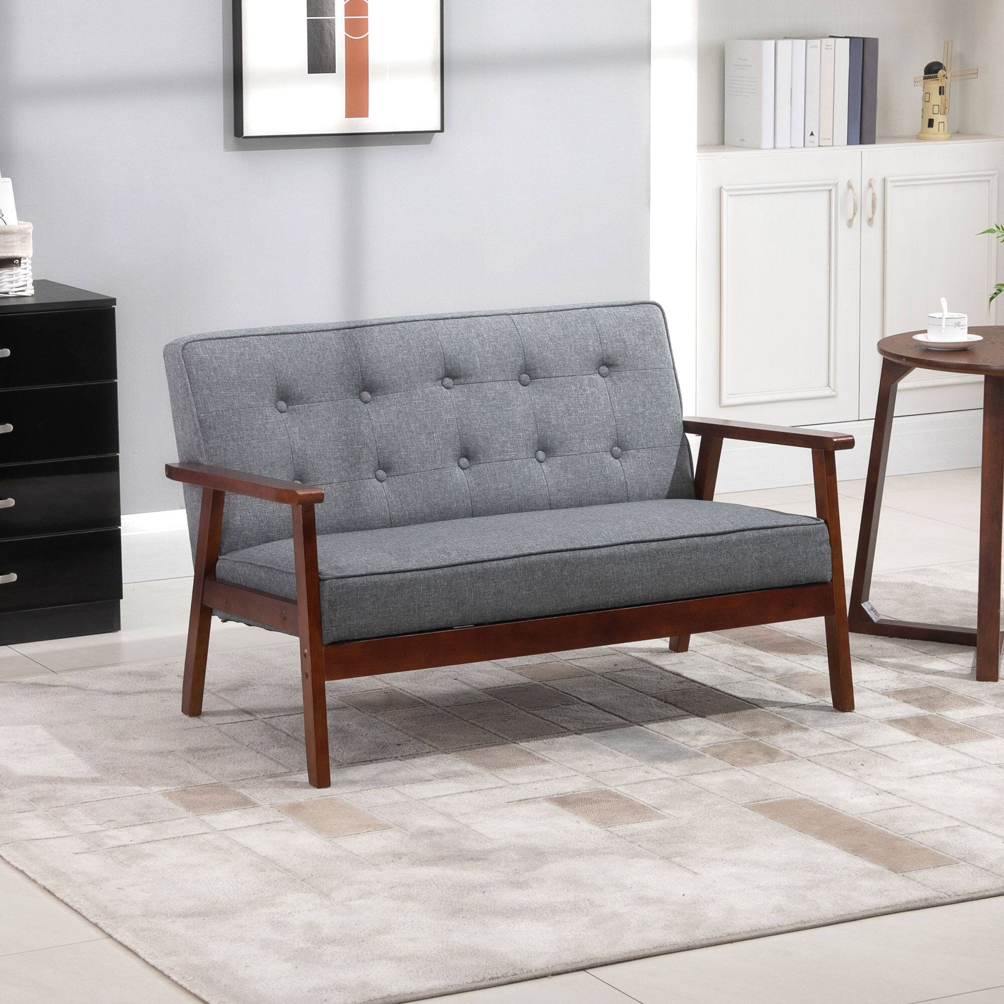 Angle. Homcom - Modern Upholstered 2-Seat Loveseat Sofa with Linen-Touch Fabric and Rubberwood Legs - Grey.