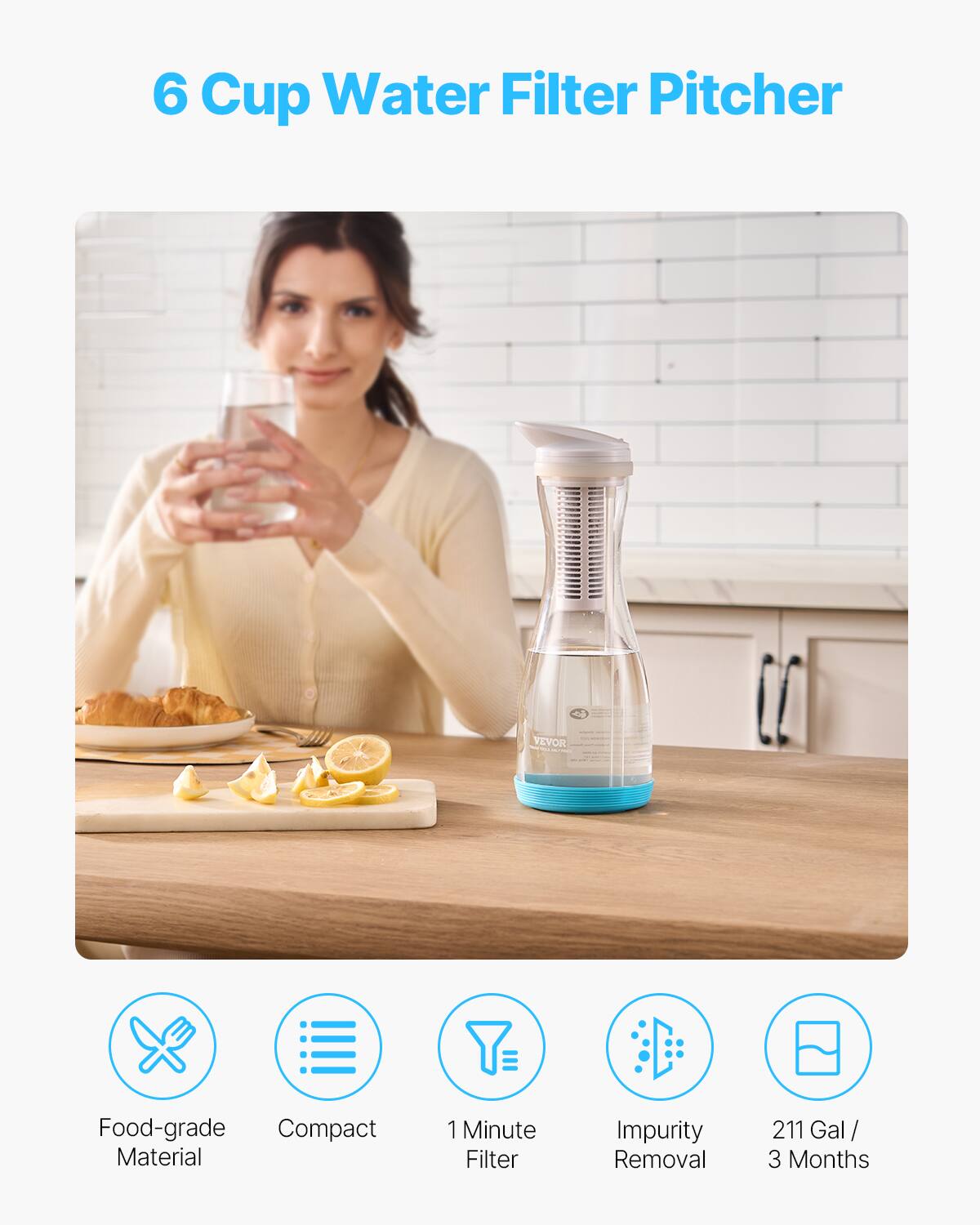 6 Cup Water Filter Pitcher

- Food-grade Material
- Compact
- 1 Minute Filter
- Impurity Removal
- 211 Gal / 3 Months