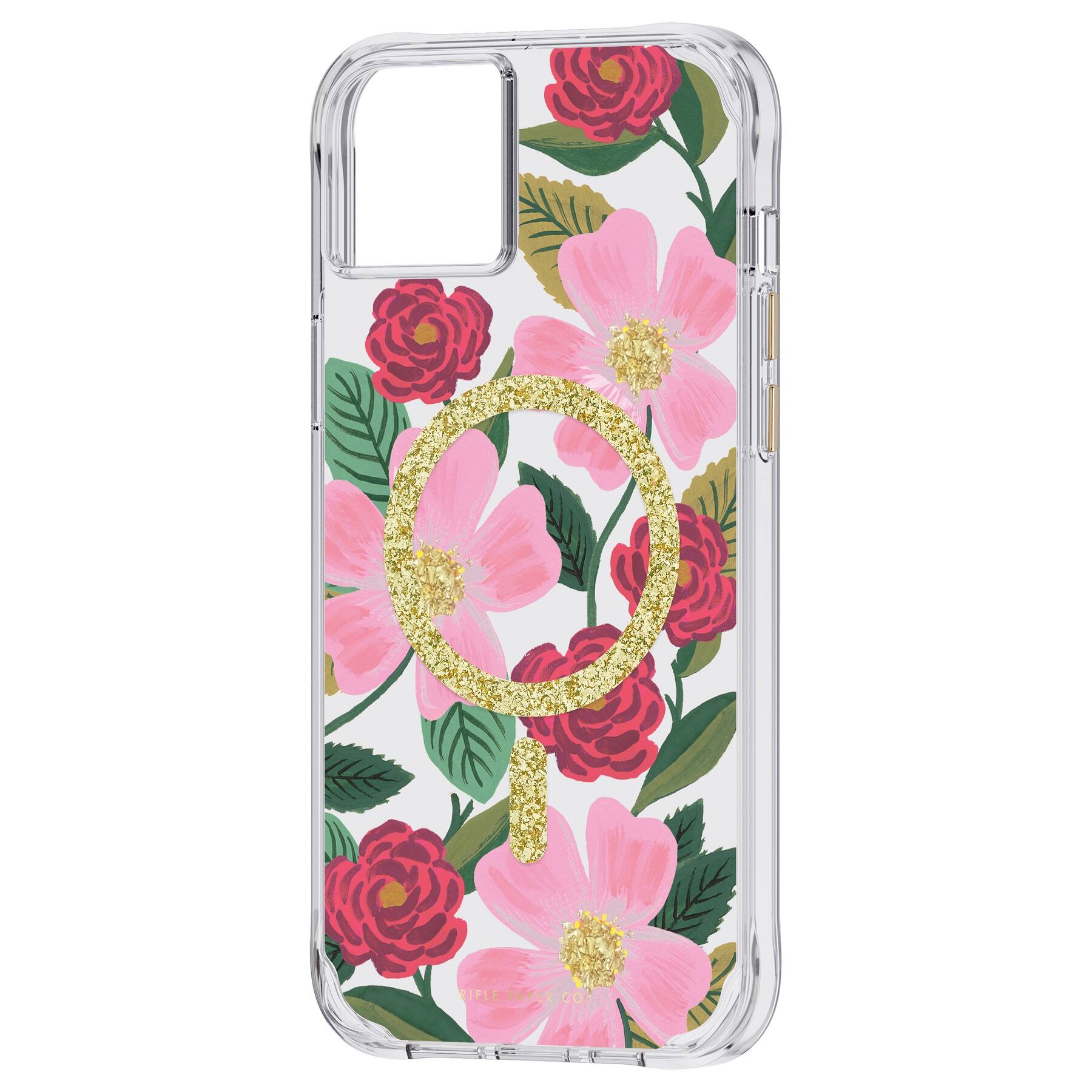 Left. Rifle Paper - Antimicrobial Hardshell Case with MagSafe for Apple iPhone 14 Plus - Rose Garden.