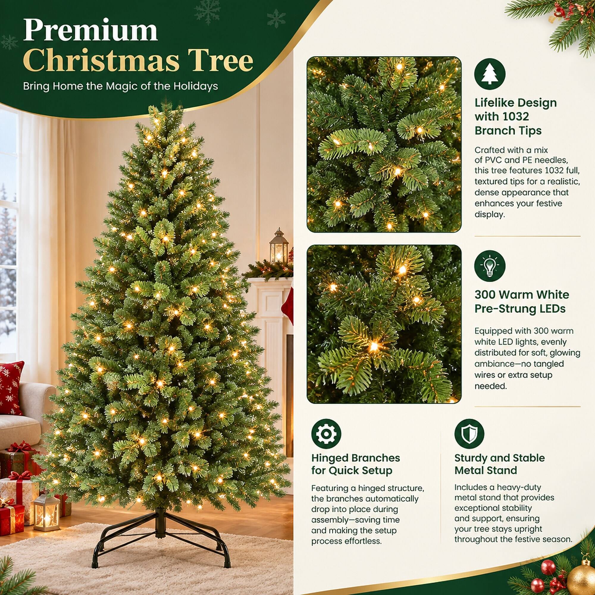 Premium Christmas Tree  
Bring Home the Magic of the Holidays

Lifelike Design with 1032 Branch Tips  
Crafted with a mix of PVC and PE needles, this tree features 1032 full, textured tips for a realistic, dense appearance that enhances your festive display.

300 Warm White Pre-Strung LEDs  
Equipped with 300 warm white LED lights, evenly distributed for soft, glowing ambiance-no tangled wires or extra setup needed.

Hinged Branches for Quick Setup  
Featuring a hinged structure, the branches automatically drop into place during assembly-saving time and making the setup process effortless.

Sturdy and Stable Metal Stand  
Includes a heavy-duty metal stand that provides exceptional stability and support, ensuring your tree stays upright throughout the festive season.