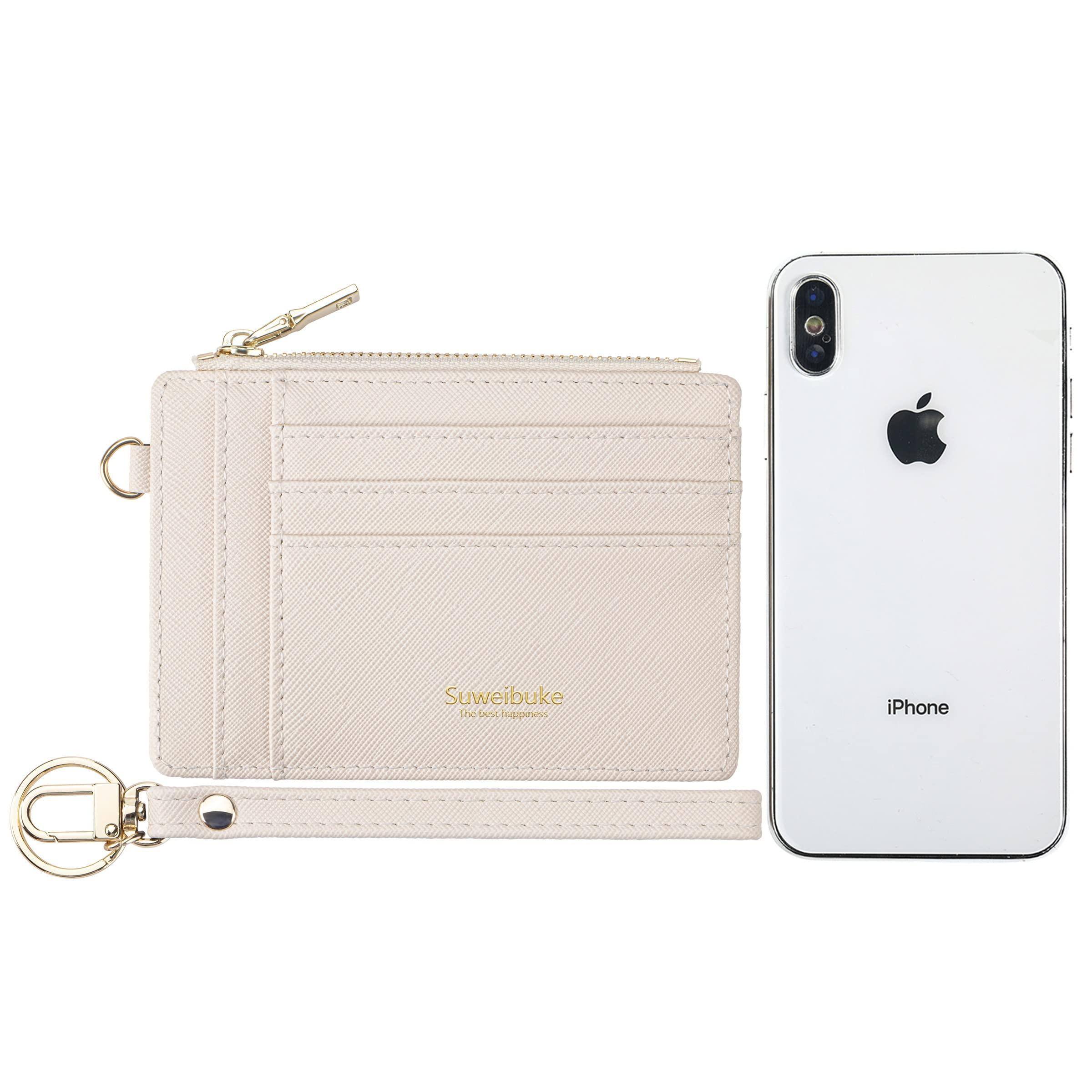 Back. Jadie Link - Women Slim Rfid Blocking Credit Card Case Holder Wristlet Zip Wallet Small Compact Leather Purse Keychain beige Dual-use - Light Gray.
